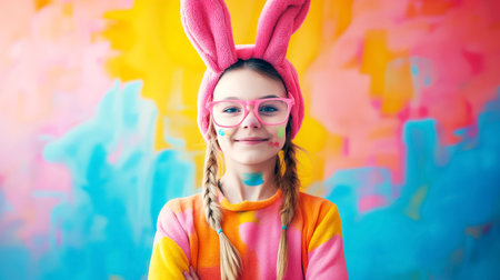 cute little girl in bunny ears on colorful background, Easter holiday card with free space.の素材
