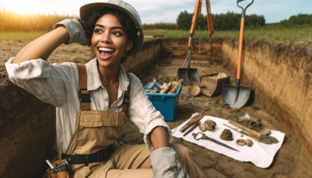 photorealistic image of a female African American archaeologist at an excavation site, showing a mixture of excitement and focus.の素材
