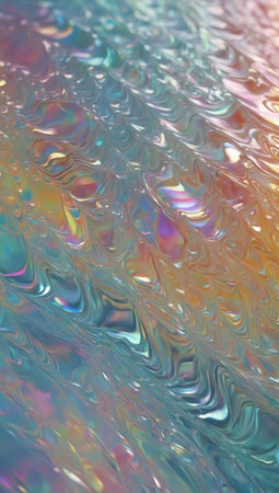 fluid or gel texture with a colorful and reflective shimmering iridescent background.の素材