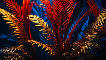 Dynamic closeup of tropical palm leaves with vivid red, yellow, and blue lighting. Nature meets art in an exotic spectacle, showcasing vibrant colors and lush foliageの素材