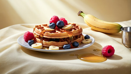 Mouth-watering waffles topped with fresh blueberries, raspberries, banana slices, and syrup, served with ripe bananas. Perfect for a delightful breakfast.の素材
