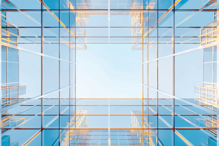 Looking upward from a narrow alley, sunlight reflects off the sleek glass surfaces of tall buildings. The clear blue sky acts as a backdrop, creating a vivid contrast with the shiny architecture.の素材
