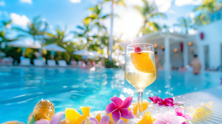 Relax by a sparkling pool with a colorful cocktail, surrounded by palm trees and sun loungers, perfect for a blissful day in paradise under the summer sunの素材