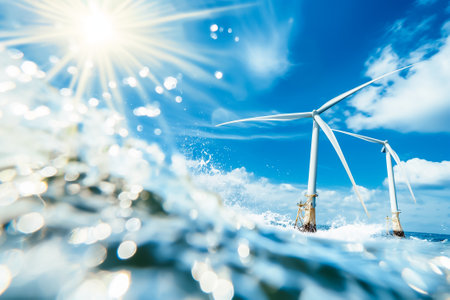 Stunning aerial shot of offshore wind turbines harnessing renewable energy, showcasing a sustainable future with a backdrop of the clear blue oceanの素材