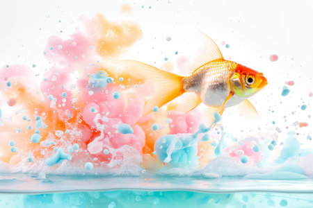 Goldfish leaps through vibrant bubbles, creating a lively underwater scene full of splashes and waves, ideal for aquaticthemed designs or projectsの素材
