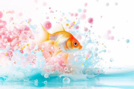 Goldfish leaps through vibrant bubbles, creating a lively underwater scene full of splashes and waves, ideal for aquaticthemed designs or projectsの素材