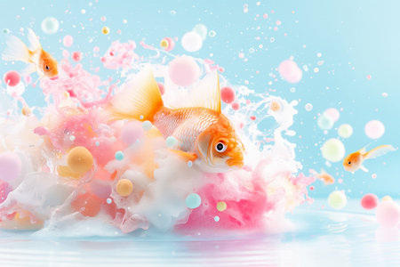 Goldfish leaps through vibrant bubbles, creating a lively underwater scene full of splashes and waves, ideal for aquaticthemed designs or projectsの素材
