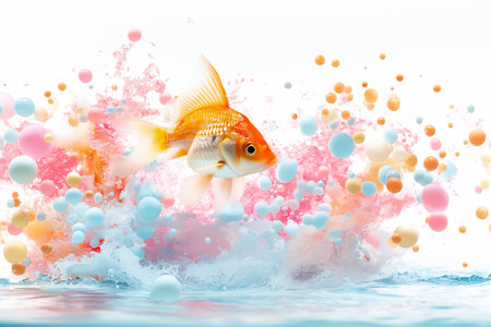 Goldfish leaps through vibrant bubbles, creating a lively underwater scene full of splashes and waves, ideal for aquaticthemed designs or projectsの素材