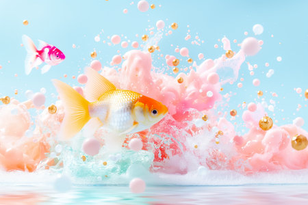 Goldfish leaps through vibrant bubbles, creating a lively underwater scene full of splashes and waves, ideal for aquaticthemed designs or projectsの素材
