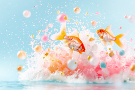 Goldfish leaps through vibrant bubbles, creating a lively underwater scene full of splashes and waves, ideal for aquaticthemed designs or projectsの素材