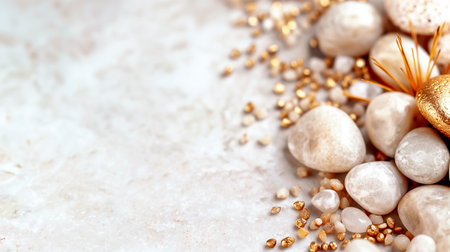 Beautiful and serene arrangement of seashells and pearls combined with wheat placed on a smooth marble surface, which evokes a coastal, elegant ambiance and moodの素材