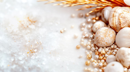 Beautiful and serene arrangement of seashells and pearls combined with wheat placed on a smooth marble surface, which evokes a coastal, elegant ambiance and moodの素材