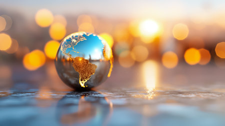 Stunning glass globe showcases the magnificent continents of Earth, beautifully reflecting a vibrant sunset, complete with a dreamy bokeh effect that adds charmの素材