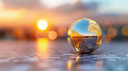 Stunning glass globe showcases the magnificent continents of Earth, beautifully reflecting a vibrant sunset, complete with a dreamy bokeh effect that adds charmの素材