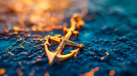 A closeup of a golden anchor against a shimmering blue sea and vibrant sunset, creating a captivating atmosphere that enchants viewers with its beautyの素材