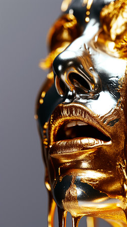 Amazing and stunning artistic closeup of a mouth adorned with shimmering gold paint that is beautifully contrasted against a rich dark backdrop, exuding elegance, and a sense of luxury.の素材