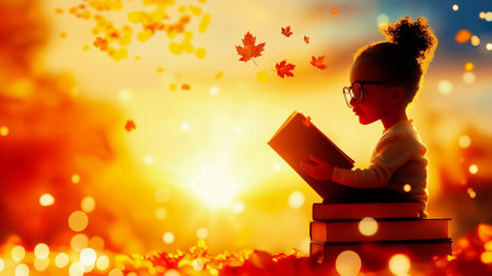 A young child wearing glasses reads a book while sitting on stacks of books, surrounded by vibrant autumn leaves.の素材
