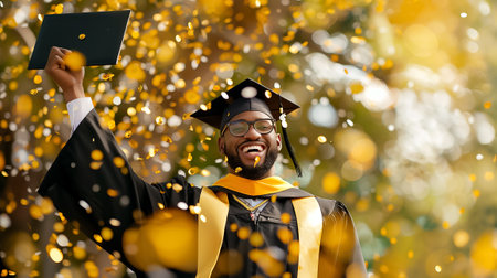 Joyful graduate cheers as colorful confetti falls during a memorable ceremony, celebrating their significant academic achievement and inspiring journeyの素材