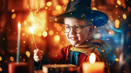 A cheerful child wearing a wizard costume and glasses holds a sparkling wand, surrounded by flickering candles and a warm, enchanting atmosphere.の素材