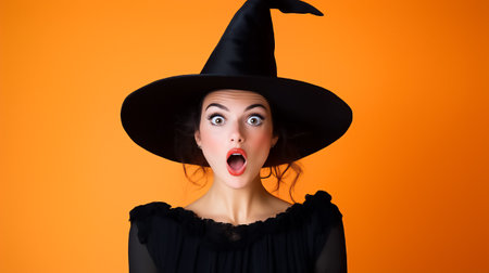 A young woman wearing a black witch hat and black attire looks astonished with her mouth open. The bright orange background adds a festive touch, perfect for a Halloween celebration.の素材