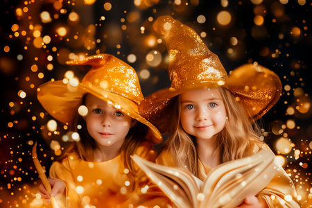 Two girls wearing shimmering golden witch hats are deeply engrossed in reading a large book, surrounded by enchanting sparkles that create a magical atmosphere.の素材