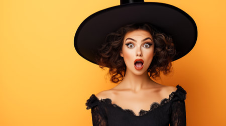 A young woman wears a large black witch hat and an off-shoulder black outfit, displaying a shocked expression against a bright orange backdrop, adding to the festive mood.の素材