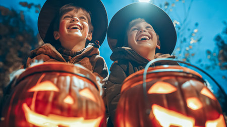 Two young boys wearing hats laugh heartily as they pose with glowing jack-o'-lanterns in their hands, enjoying the Halloween festivities in the evening.の素材