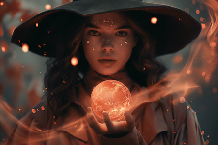 A young witch stands in a mystical forest under a starlit sky, holding a glowing orb that radiates warm light as autumn leaves swirl around her, creating an enchanting atmosphere.の素材