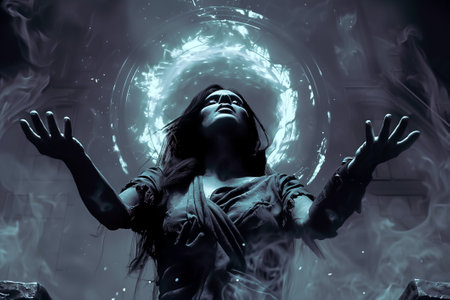 A mysterious figure stands with outstretched arms, enveloped in swirling mist, as an eerie light surrounds them, invoking the spirit of Halloween.の素材