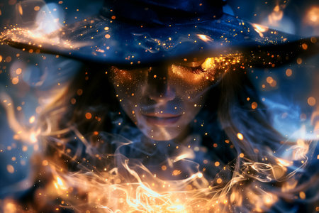 A witch cast in mesmerizing flames and glowing sparks creates a magical ambiance. The soft light dances around her, enhancing the Halloween spirit.の素材