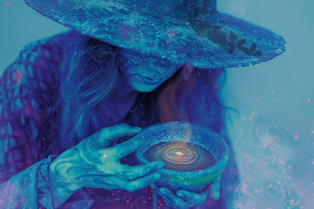 A witch in a wide-brimmed hat holds a glowing bowl, casting a spell during a Halloween ritual in a captivating and enchanting atmosphere.の素材