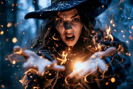 Witch stands amidst dark trees, dramatically casting spells with glowing embers swirling around her hands. Her intense expression captures the night magic and mystery.の素材