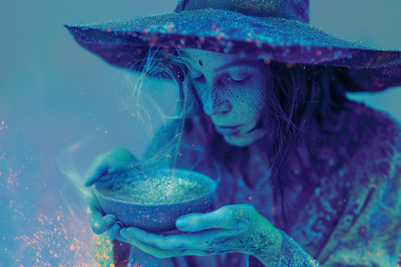 A witch in an ethereal setting carefully brews a potion, surrounded by soft shimmering light, evoking an enchanting Halloween atmosphere filled with mystery.の素材