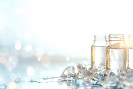 Three glass jars containing clear water sit amongst crushed ice, creating a cool, refreshing atmosphere under bright, soft light that enhances the scene.の素材