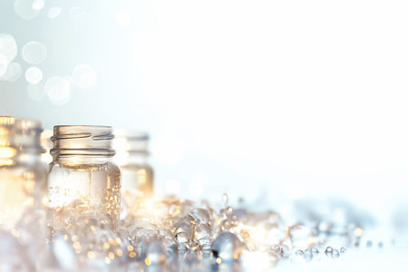 Three glass jars are filled with a clear liquid, nestled among tiny stones, as soft light reflects off the surfaces, creating a tranquil, luminous atmosphere in the space.の素材