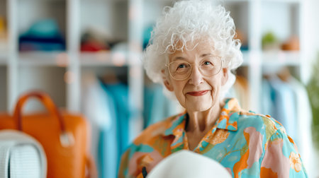 An elderly woman with curly white hair and glasses enjoys browsing a bright clothing store, surrounded by colorful garments and accessories, on her joyful vacation outing.の素材