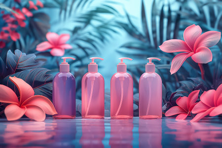 Four bottles of shampoo are lined up in a tranquil setting filled with lush tropical flowers. The colorful scene evokes a sense of relaxation and beauty amidst nature.の素材