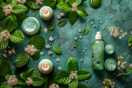 An assortment of natural beauty products, including creams and candles, is surrounded by fresh green leaves and delicate flower petals, creating a serene atmosphere.の素材
