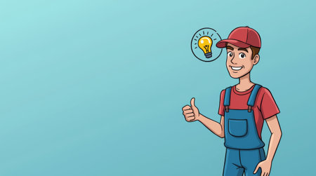 A cheerful young man wearing red and blue, standing with a thumbs up gesture in a bright blue background, complemented by a light bulb icon symbolizing creativity and ideas.の素材