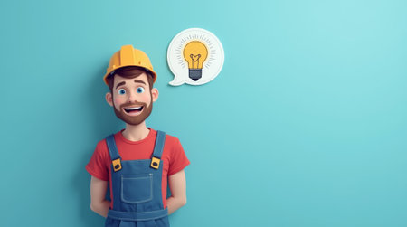 A young construction worker with a bright smile and a hard hat stands confidently in front of a light blue backdrop, illustrating an idea with a light bulb in a speech bubble.の素材
