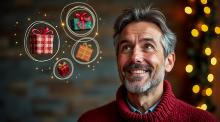The man smiles brightly while imagining colorful gifts around him. Soft glowing lights create a warm, inviting atmosphere during the holiday season.の素材