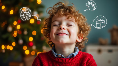 A joyful little boy with curly hair smiles widely while dreaming about presents, surrounded by a beautifully decorated holiday atmosphere filled with lights.の素材