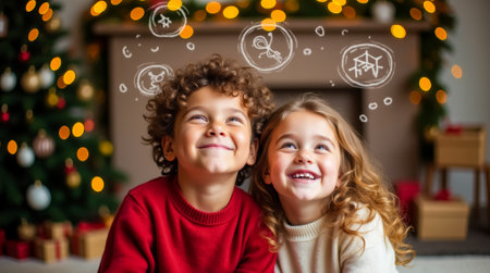 A little boy and girl sit together with eyes closed, imagining gifts as they smile. The festive atmosphere includes a decorated Christmas tree and glowing lights.の素材