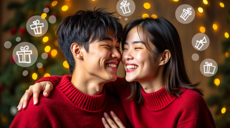 A young couple with Asian features embraces gently, eyes closed in bliss, surrounded by warm holiday decorations and soft bokeh lights, celebrating love.の素材