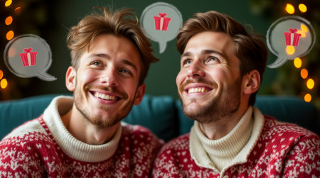 Two smiling men sit together in cozy holiday sweaters, gazing up with dreaming expressions, imagining gifts during a joyful festive moment at home.の素材