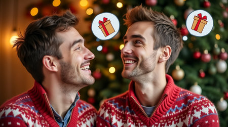 Two same-sex male partners share a joyful moment, dreaming about gifts as they smile at each other beneath a beautifully decorated Christmas tree, capturing the spirit of the season.の素材