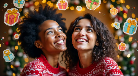 Two women share a moment of happiness, looking upward with smiles, immersed in thoughts of holiday gifts as colorful decorations surround them.の素材