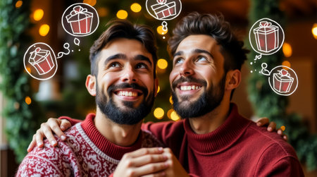 Two smiling men look up dreamily, envisioning gifts as they cuddle together in a cozy and festive atmosphere filled with holiday cheer.の素材