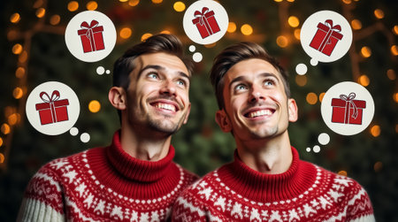 A joyful same-sex male couple looks upward, their faces lit up with smiles as they dream about gifts. The warm holiday lights create a cozy atmosphere.の素材