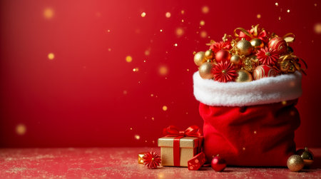 A red Santa Claus bag overflows with colorful gifts and decorative ornaments, capturing the joyful spirit of Christmas and inviting festive celebrations.の素材
